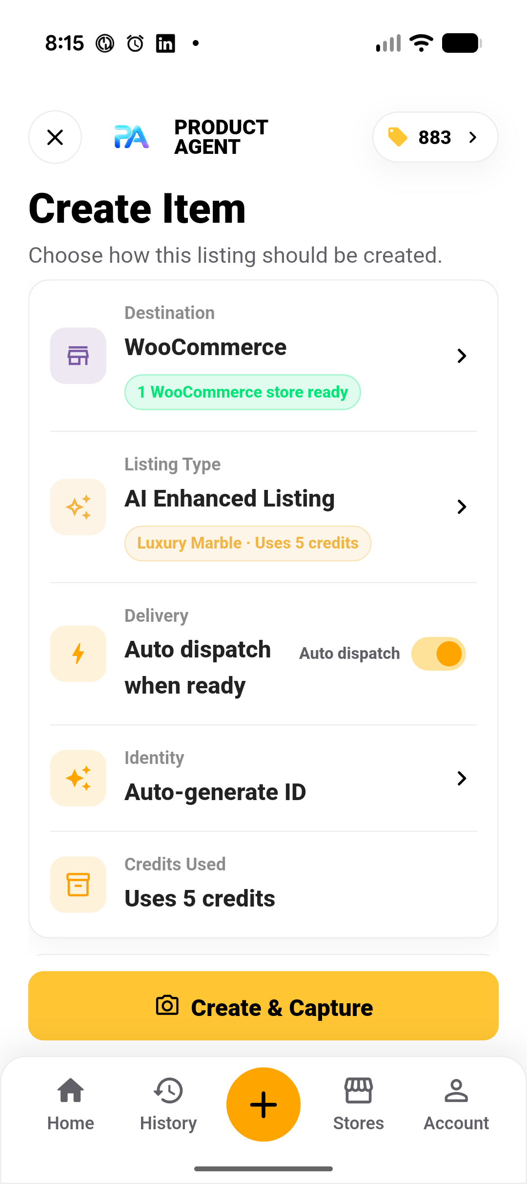 Create Item screen with WooCommerce, AI Enhanced Listing, and automatic dispatch selected