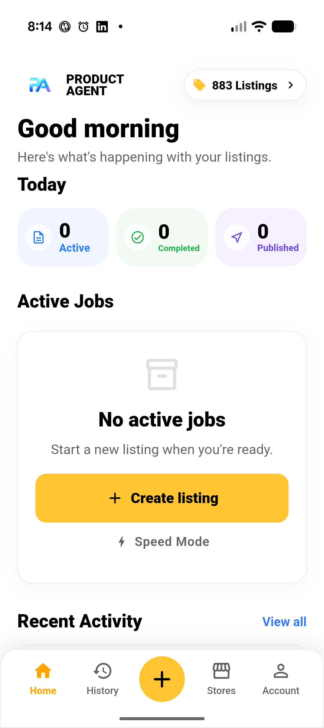 Flow Hub home showing listing credits, daily activity, and an empty active jobs queue