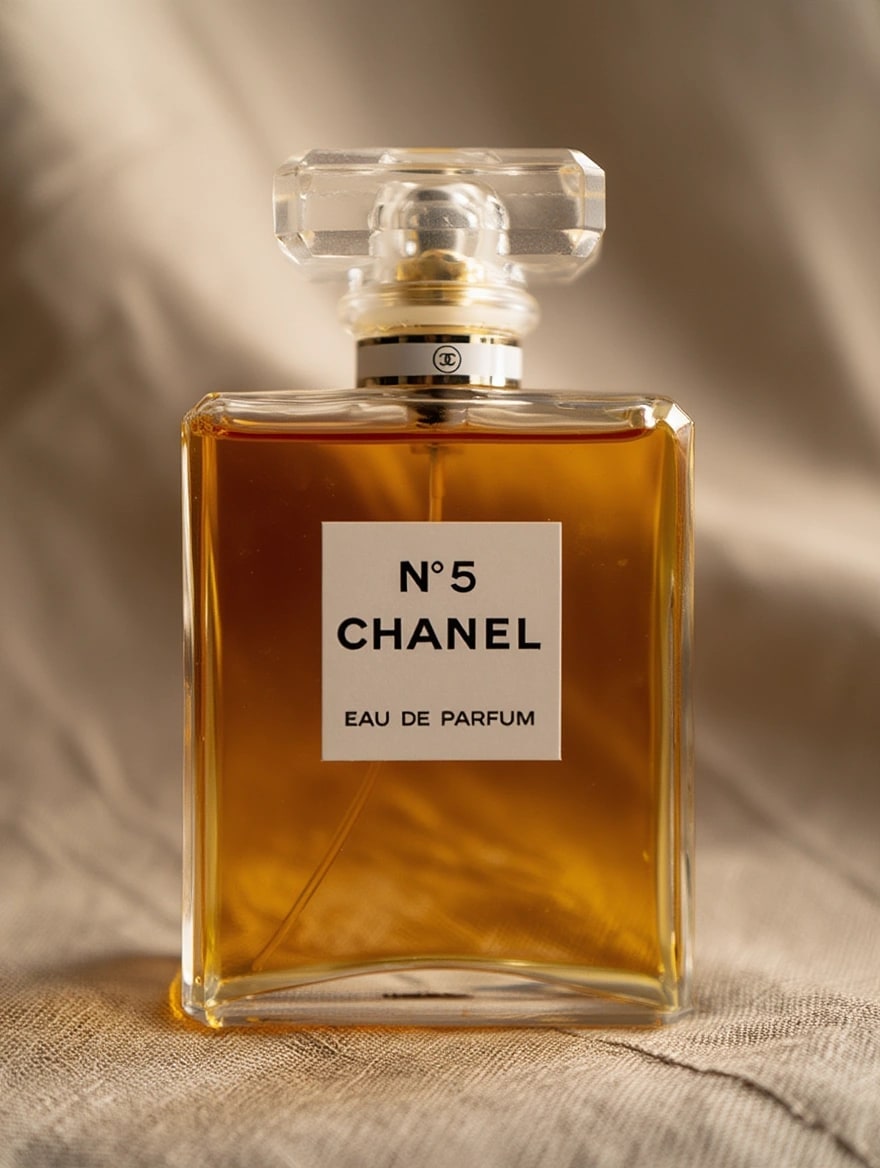 AI-enhanced perfume hero image with warm linen styling