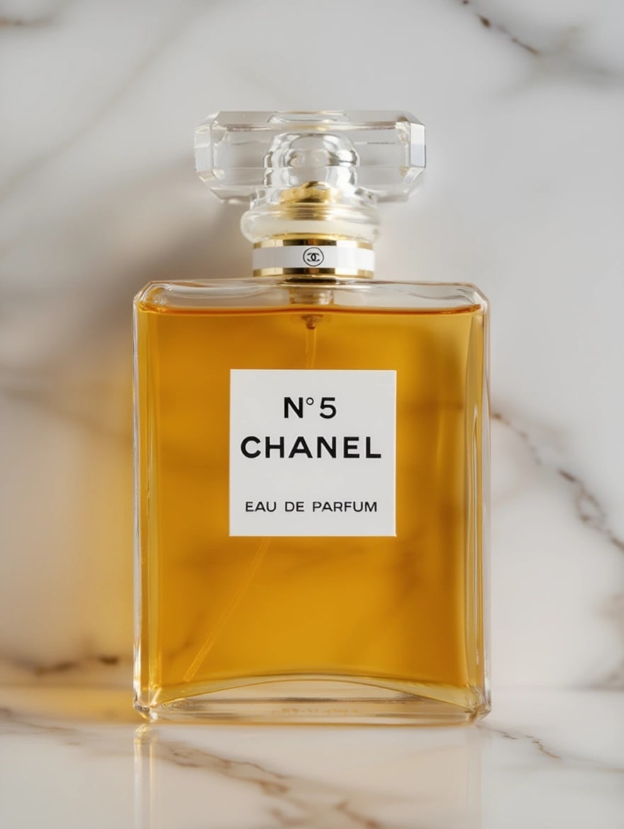 AI-enhanced perfume hero image with light marble styling